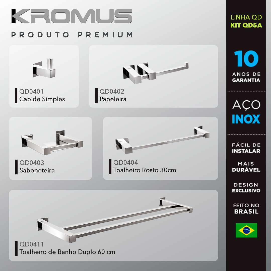 Kit Acessórios Para Banheiros 5 Peças Inox - Kromus Kitqd5a - 2