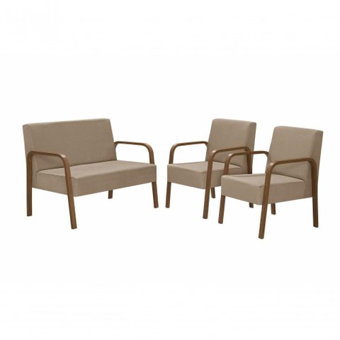 Conjunto Poltrona Luna Braço Madeira Dsalla Suede Cappuccino