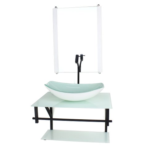 GABINETE DE VIDRO PARA BANHEIRO 60CM AP CUBA OVAL CHANFRADA BRANCO FULL COM TORNEIRA PRETA