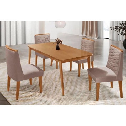 Conjunto: Mesa Sala Jantar Havana Tampo Curvo 120cm+4 Cadeiras Maldivas Madeira Naturale - Capuccino