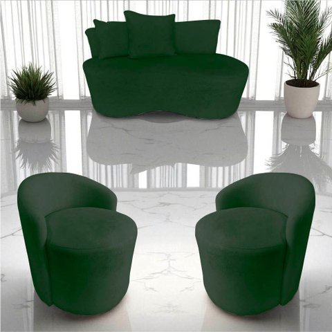 Kit Namoradeira + 2 Poltronas Yara Orgânica Veludo Verde