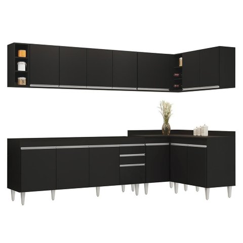 Armário de Cozinha Modulado de Canto 7 Peças Cp34 Balcão sem Tampo Preto - Lumil