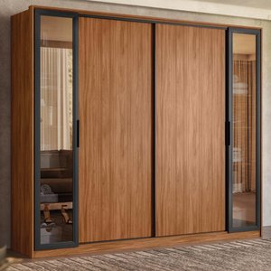 Guarda Roupa Casal 4 Portas Vidro Reflecta e 4 Gavetas Laredo - Nogueira/preto Prime Tx