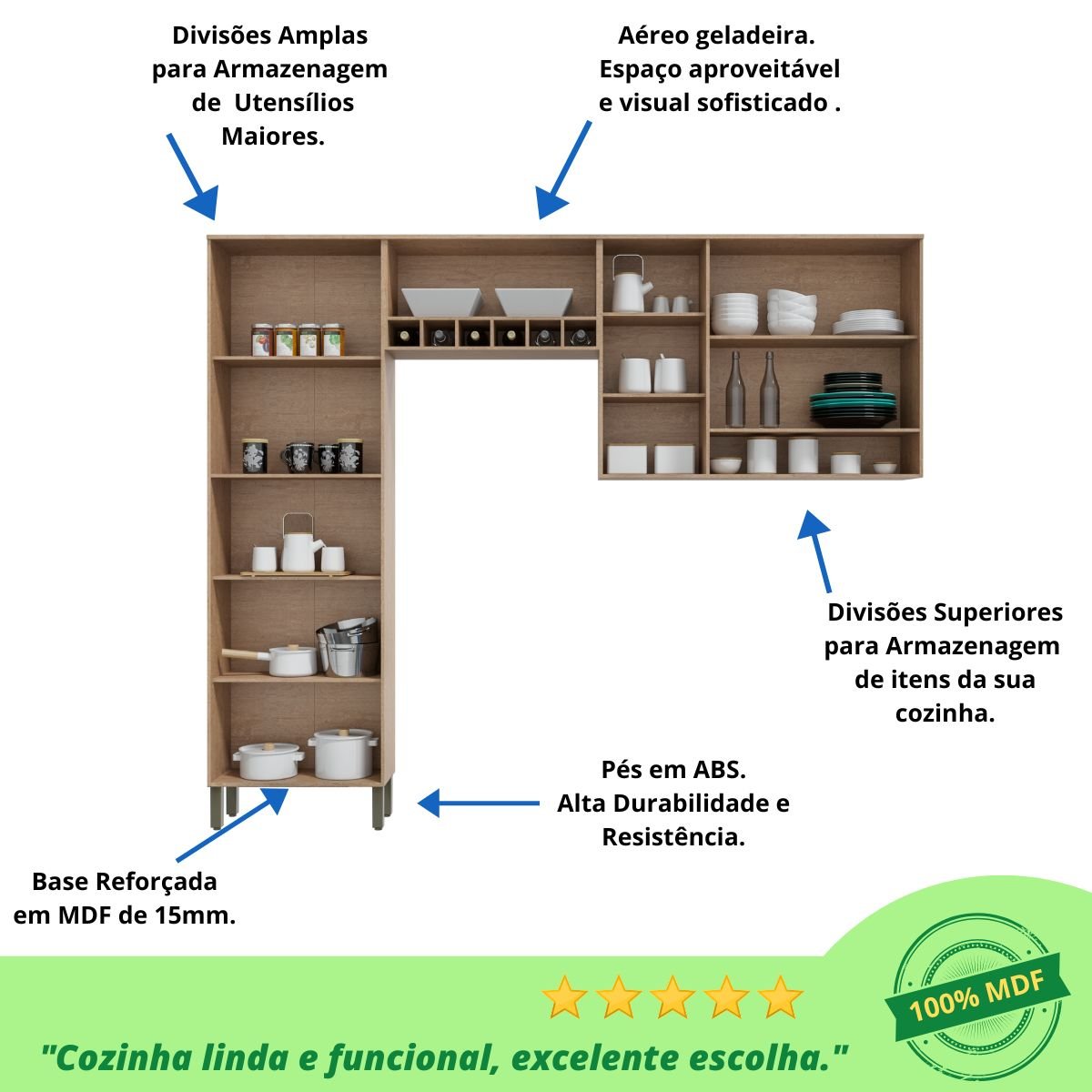 Cozinha Compacta Nápoli Prime 3 Peças 8 Portas Armário Paneleiro Aéro Geladeira Aéreo Triplo - Casta - 4