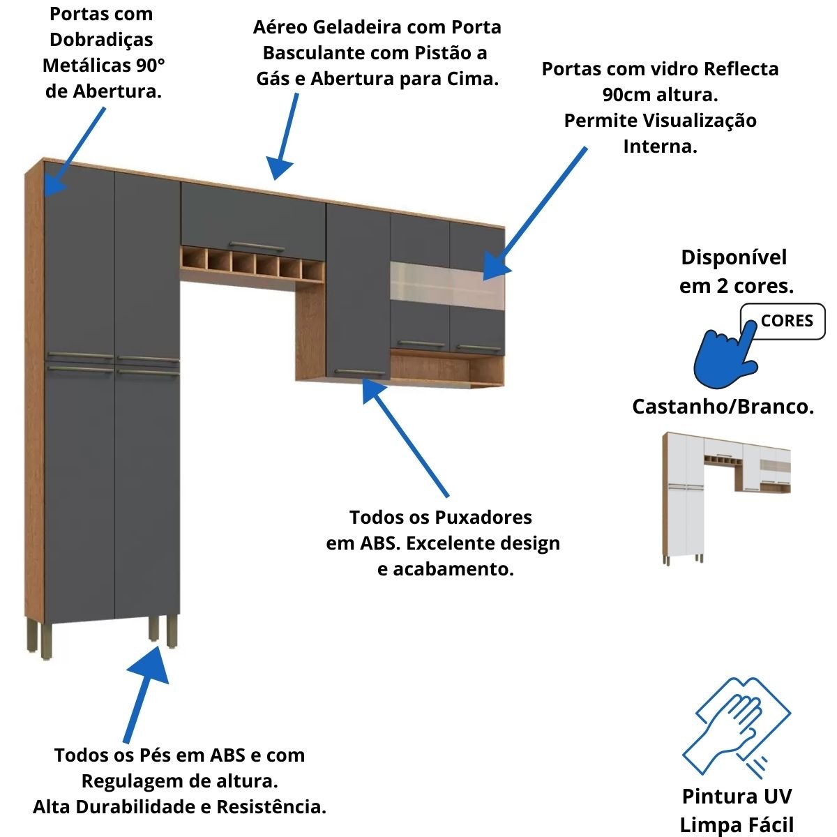 Cozinha Compacta Nápoli Prime 3 Peças 8 Portas Armário Paneleiro Aéro Geladeira Aéreo Triplo - Casta - 3