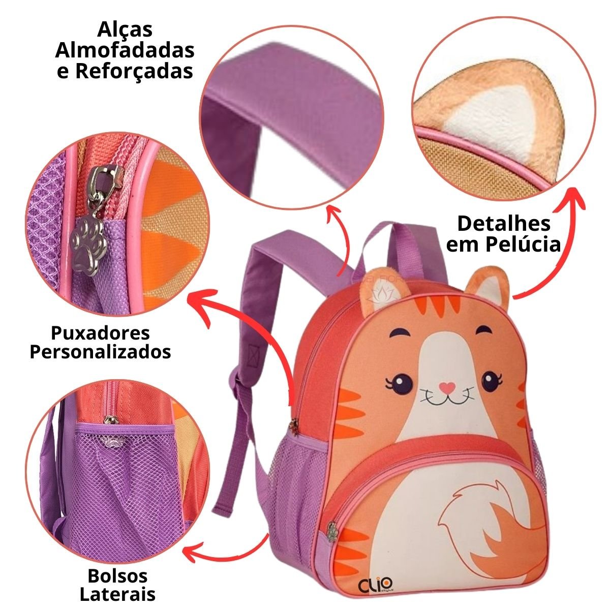 Mochila Infantil Escolar Clio Pet's com Alça Animais Cachorro Gato Pato Pinguim Tubarão Unicórnio Mo - 2