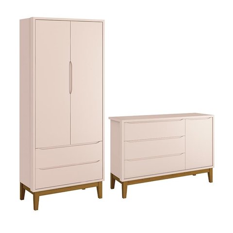 Jogo de Quarto Infantil Guarda Roupa 2 Portas e Cômoda 1 Porta Classic Rosa Fosco com Pés Amadeirado