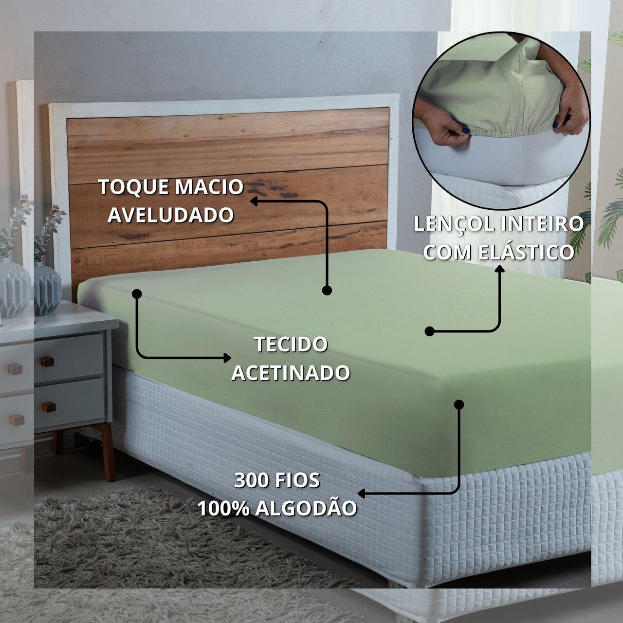 Roupa Cama Queen 300 Fios Lençol com Elástico de Algodão:verde Bebe - 4