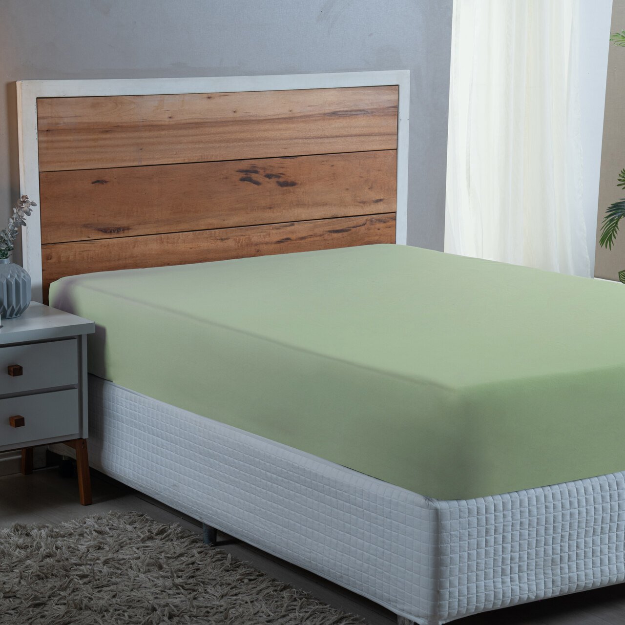 Roupa Cama Queen 300 Fios Lençol com Elástico de Algodão:verde Bebe - 1