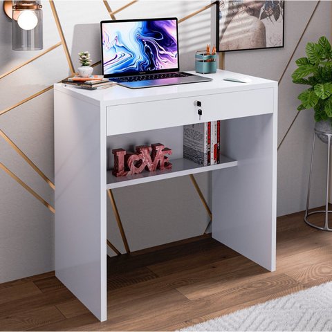 Escrivaninha Mesa Escritório Tesla com Chave 1 Gaveta 72cm Branco