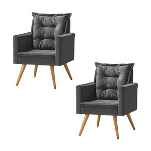 Kit 2 Poltronas Cancun Decorativa para Recepção Estofado Veludo Cinza Grafite Pés Palito - Cinza