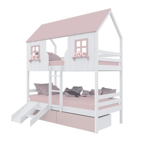 Beliche Casinha Encantada com 02 Gavetas Kit Escada/ Escorregador Madeira Maciça Branco/ Rosa