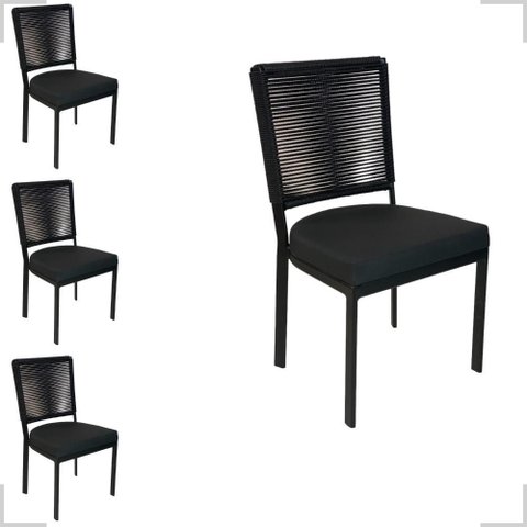 Jogo 4 Cadeiras de Alumínio Corda Sintética Assento 50cm Alt Preto