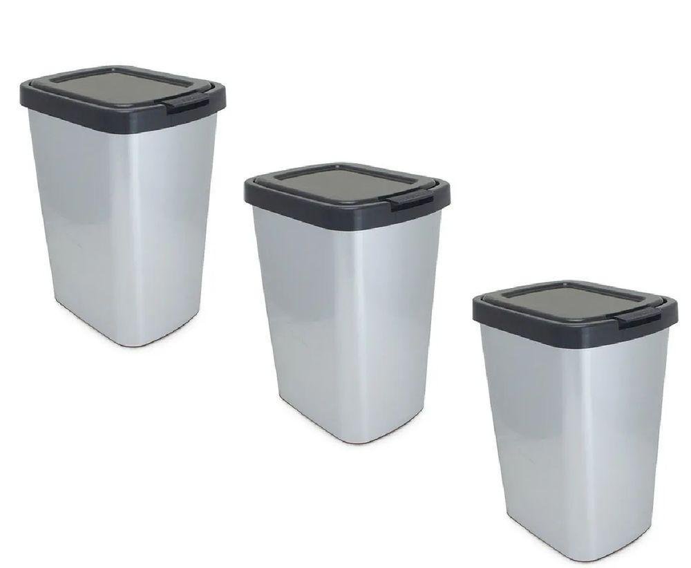 Kit 3 Lixeiras 9 Lts com Click Plástica Label Inox Arqplast - 1