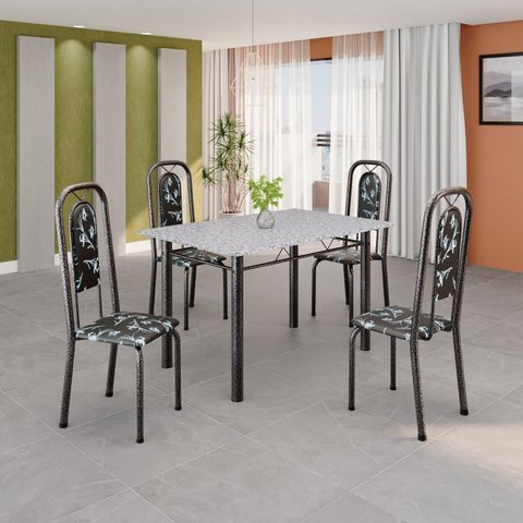 Conjunto de Mesa Tubular 120cm x 75cm Tampo Granito Ocre com 4 Cadeiras Lara Prata/Preto Floral/Mart