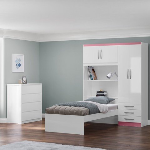Conjunto Infantil Guarda-Roupa com Cama Lisboa 4 Portas e 3 Gavetas com Cômoda Carla 4 Gavetas Branco/Rosa