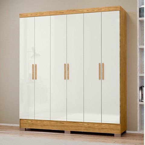 Conjunto Guarda-Roupa 6 Portas Gliese com Cômoda 1 Porta 4 Gavetas Vega Marrom/Marrocos/Off White