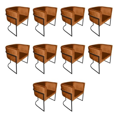 Kit 10 Poltronas Decorativa Sala de Estar Base de Ferro Preta Veludo Terracota Laranja