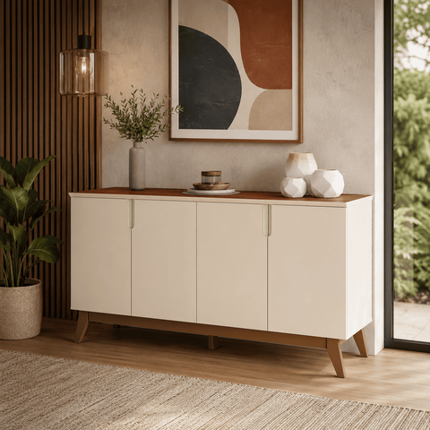 Balcão Buffet Aparador Recife 160cm 4 Portas MDP/MDF Pés Retrô 2 Prateleiras UV - Offwhite/Canela
