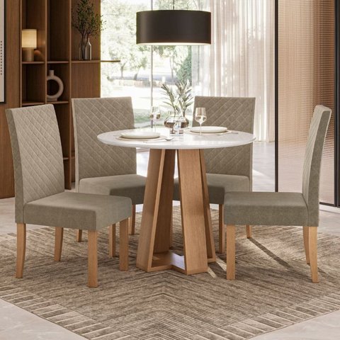 Conjunto para Sala de Jantar 1 Mesa Redonda com 4 Cadeiras Off White/Mel