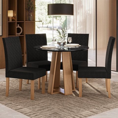 Conjunto Sala de Jantar 1 Mesa Redonda com 4 Cadeiras Preto/Mel