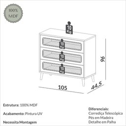 Cômoda 105cm com 3 Gavetas com Palha - 3