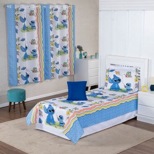 Kit Colcha Cobre Leito + Cortina Infantil Solteiro 4p Menino Menina Personagens:stitch Azul
