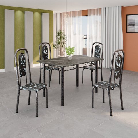 Conjunto de Mesa Tubular 120cm x 75cm Tampo Ardósia Indiano com 4 Cadeiras Lara Prata/Preto