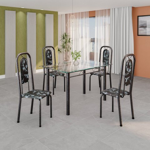 Conjunto de Mesa Tubular 120cm x 75cm Tampo Vidro Incolor com 4 Cadeiras Lara Prata/Preto