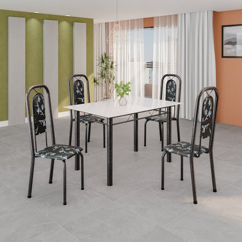 Conjunto de Mesa Tubular 120cm x 75cm Tampo Vidro Off com 4 Cadeiras Lara Prata/Preto