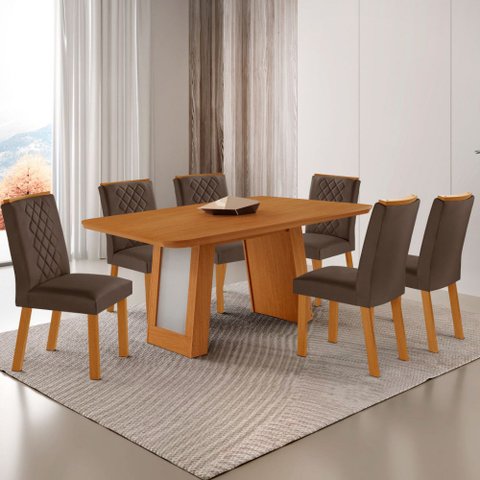 Mesa de Jantar Carolina 180cm Tp MDF Canto Copo Base Detalhe Off White com 6 Cadeiras Milena