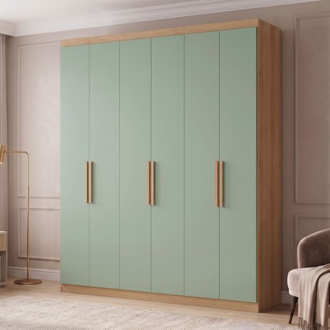 Guarda-Roupa Casal 6 Portas e 2 Gavetas 220 x 180cm Milan Yescasa Capuccino/Verde Menta