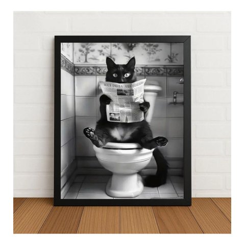Quadro Decorativo Gato no Banheiro 33x24cm com Vidro Preto