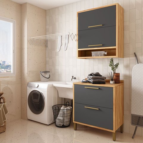 Conjunto para Lavanderia com 2 Peças 100% MDF Vicenza Espresso Móveis Cinza/Amêndoa/Chumbo