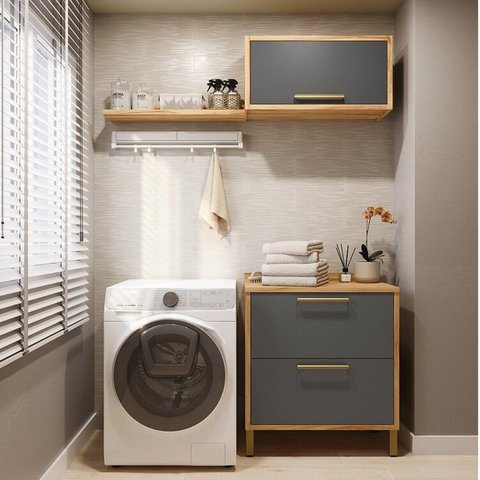 Conjunto para Lavanderia com 3 Peças 100% MDF Vicenza Espresso Móveis Cinza/Amêndoa/Chumbo