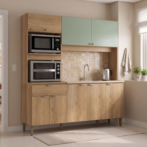 Cozinha Compacta 3 Peças com Torre Quente e Balcão sem Tampo Flórida Yescasa Cappuccino/Verde Menta 