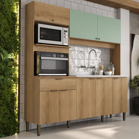 Cozinha Compacta 3 Peças com Torre Quente e Balcão sem Tampo Flórida Yescasa Cappuccino/Verde Menta 