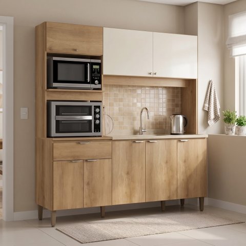 Cozinha Compacta 3 Peças com Torre Quente e Balcão sem Tampo Flórida Yescasa Cappuccino/Off White