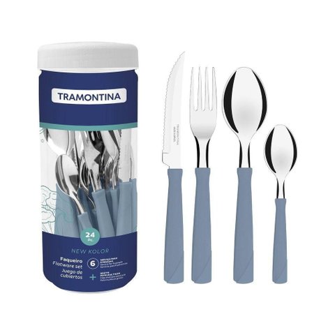 Faqueiro Tramontina New Kolor Lâminas Aço Inox Cabos Polipropileno Azul 24 Peças Tramontina