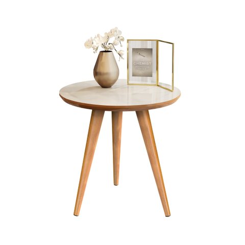 Mesinha Redonda Apoio Retro Pés de Madeira: Off/Freijó
