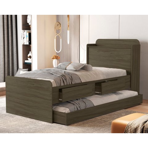 Cama de Solteiro Tamires Castanho com Auxiliar 2 Gavetas e Bau de Mdf