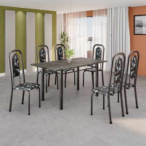 Conjunto de Mesa Tubular 140cm x 75cm Tampo Ardósia Indiano com 6 Cadeiras Lara Prata/Preto