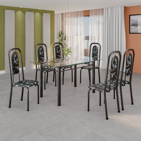 Conjunto de Mesa Tubular 140cm x 75cm Tampo Vidro Incolor com 6 Cadeiras Lara Prata/Preto
