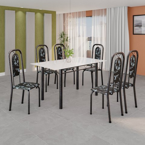 Conjunto de Mesa Tubular 140cm x 75cm Tampo Vidro Incolor com 6 Cadeiras Lara Prata/Preto