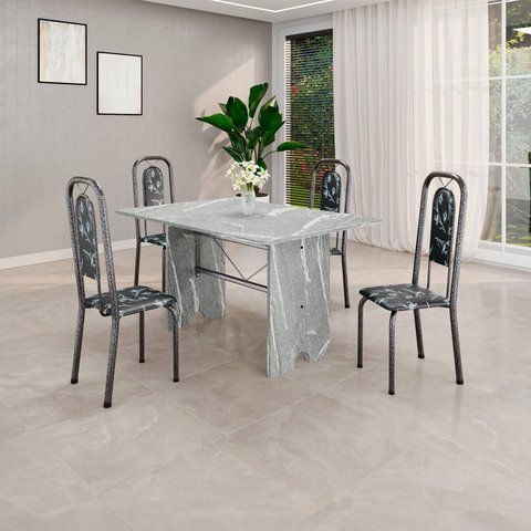 Conjunto de Mesa Tubular 120cm x 75cm Tampo Granito Topázio com 4 Cadeiras Lara Prata/Preto