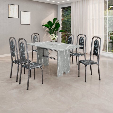 Conjunto de Mesa Tubular 140cm x 75cm Tampo Granito Topázio com 6 Cadeiras Lara Prata/Preto