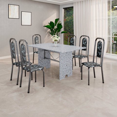 Conjunto de Mesa Tubular 140cm x 75cm Tampo Granito Ocre com 6 Cadeiras Lara Prata/Preto