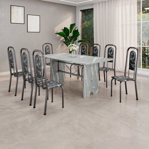 Conjunto de Mesa Tubular 180cm x 75cm Tampo Granito Topázio com 8 Cadeiras Lara Prata/Preto