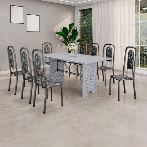 Conjunto de Mesa Tubular 180cm x 75cm Tampo Granito Ocre com 8 Cadeiras Lara Prata/Preto