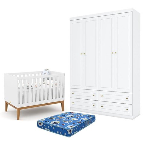 Berço Americano Unique Branco Soft Eco Wood - Matic e Guarda Roupa Infantil Americano 4 Porta Branco